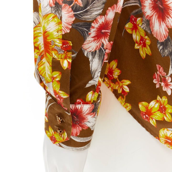 FAUSTO PUGLISI yellow tropical floral print cotton gold button shirt EU48 M