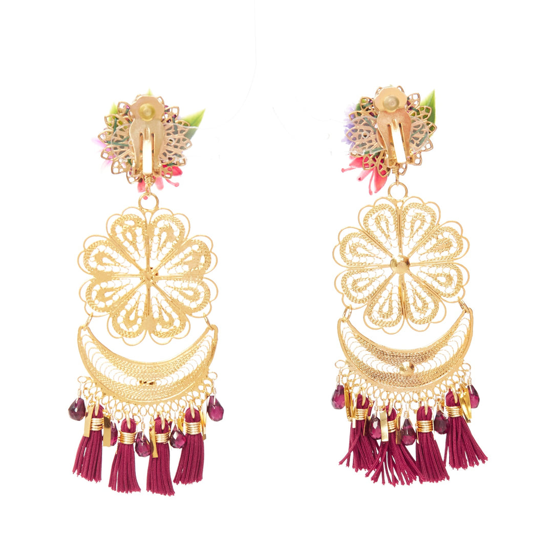 MERCEDES SALAZAR gold flower metal red tassel plastic clip earrings Pair