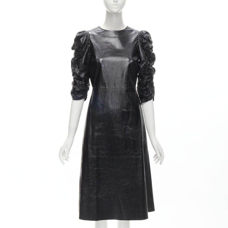 rare OLD CELINE Phoebe Philo black shiney lambskin rusched sleeve dress FR36 S