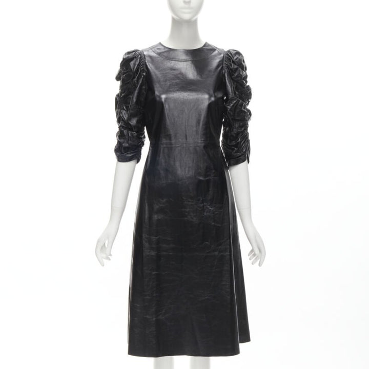 rare OLD CELINE Phoebe Philo black shiney lambskin rusched sleeve dress FR36 S
