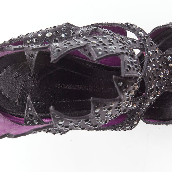 GIUSEPPE ZANOTTI black crystal satin leather lined cutout sandals heels EU37.5