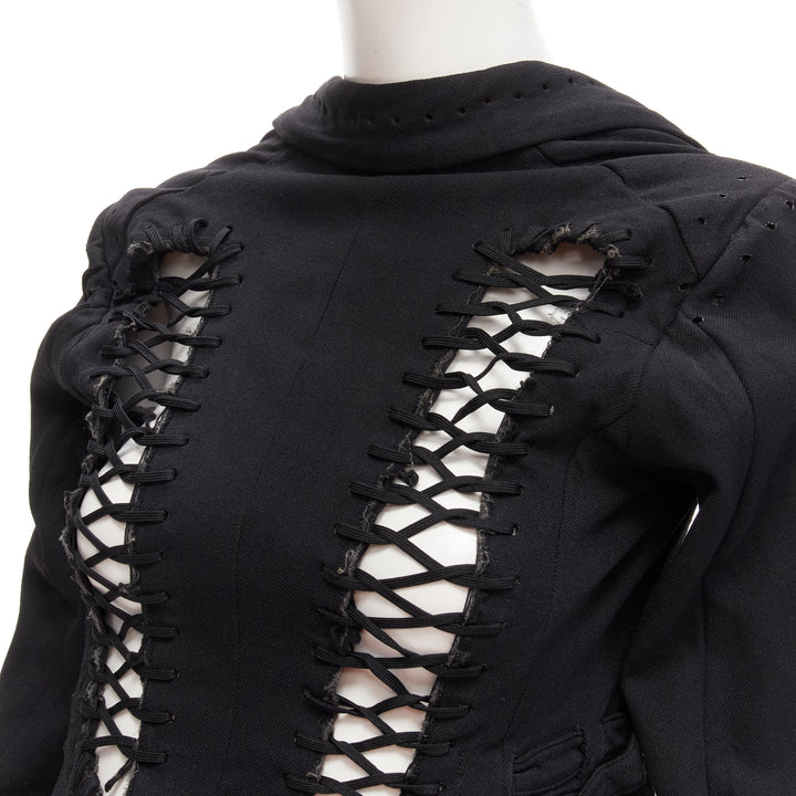 COMME DES GARCONS 2004 Runway black lace eyelet 2-way deconstructed jacket M