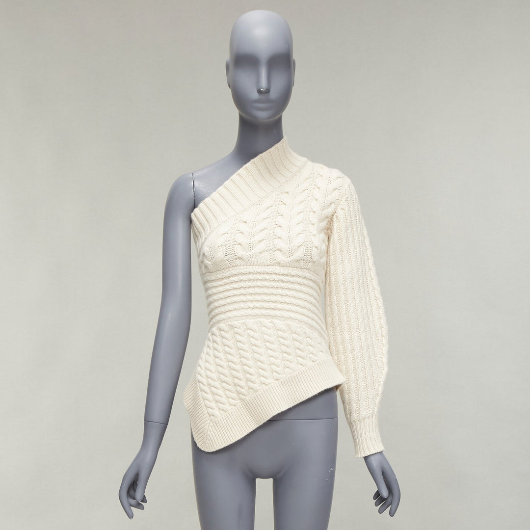BURBERRY 100% cashmere cream one shoulder mixed cable knit pullover sweater XS