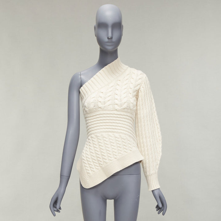 BURBERRY 100% cashmere cream one shoulder mixed cable knit pullover sweater XS