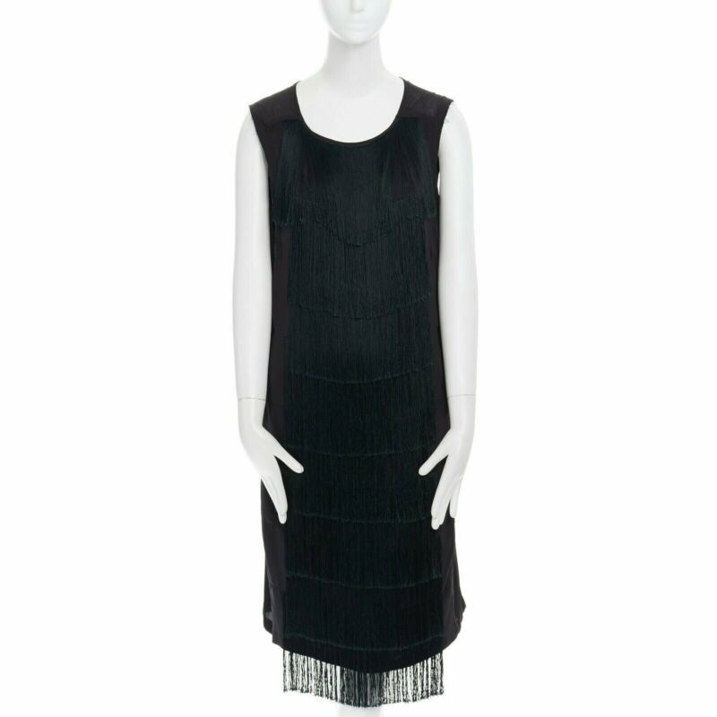 runway DRIES VAN NOTEN 2013 black fringe trim silk flapper dress FR38 US6 S