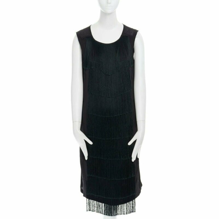 runway DRIES VAN NOTEN 2013 black fringe trim silk flapper dress FR38 US6 S