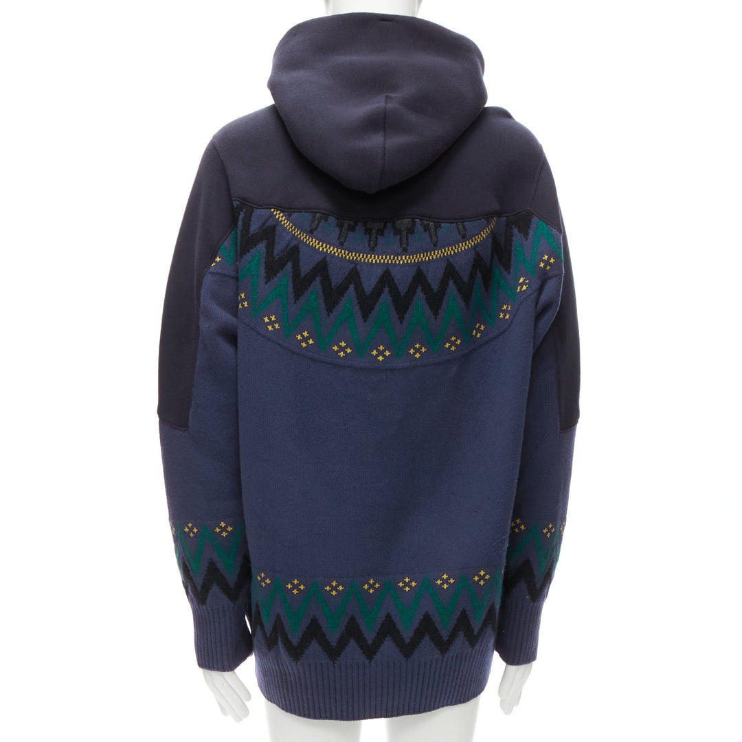 SACAI 2018 navy cotton blend fairisle knit sweater hyrid hoodie JP3 L