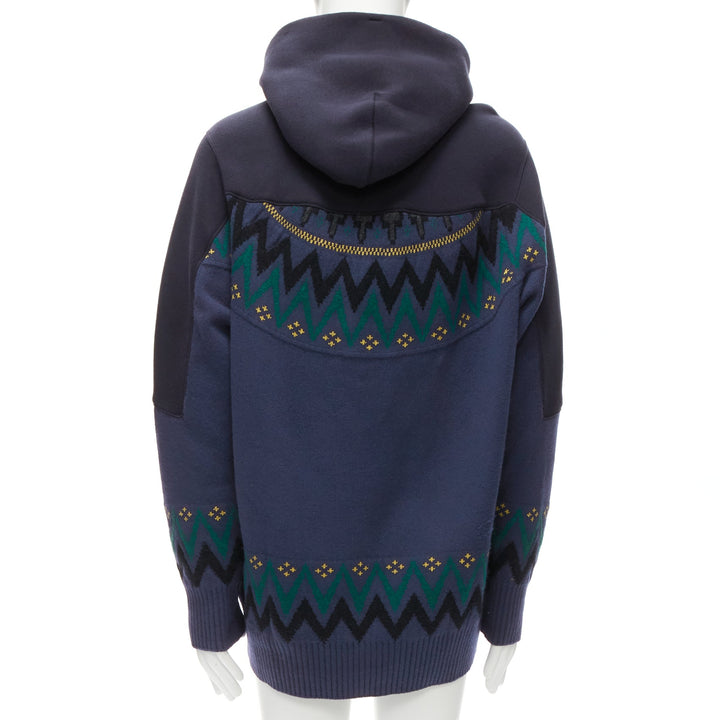 SACAI 2018 navy cotton blend fairisle knit sweater hyrid hoodie JP3 L
