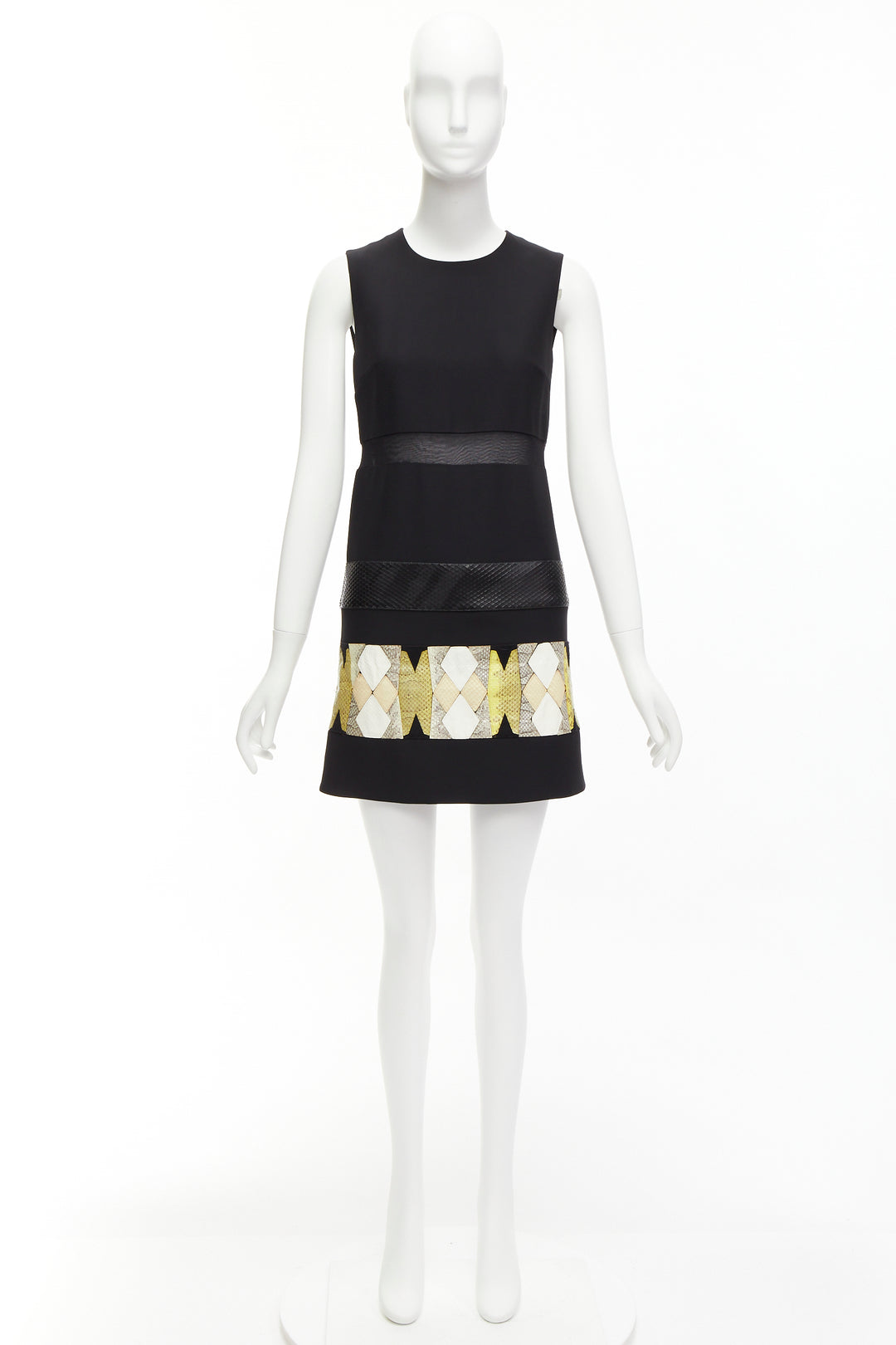 VERSACE 2014 black scaled leather patchwork sheer panel mod mini shift dress