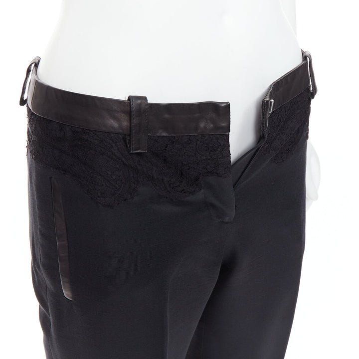 VERSACE black cotton blend lace leather trim waist tapered trousers IT38 XS