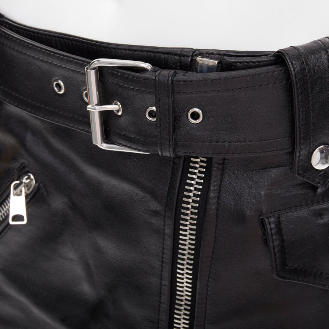 ALEXANDER MCQUEEN 2023 black cowhide leather silver biker zip skirt IT36 XXS