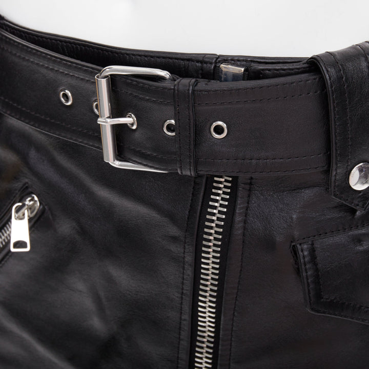 ALEXANDER MCQUEEN 2023 black cowhide leather silver biker zip skirt IT36 XXS
