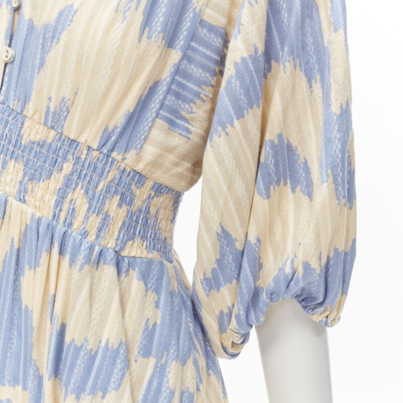 DIANE VON FURSTENBERG beige blue print lattice embroidery puff sleeve dress US8