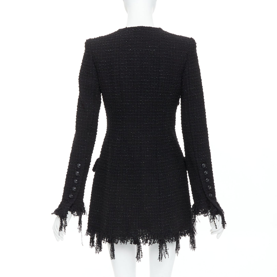 CHANEL 22C Runway black tweed fringe trim 4 pocket long jacket FR36 S