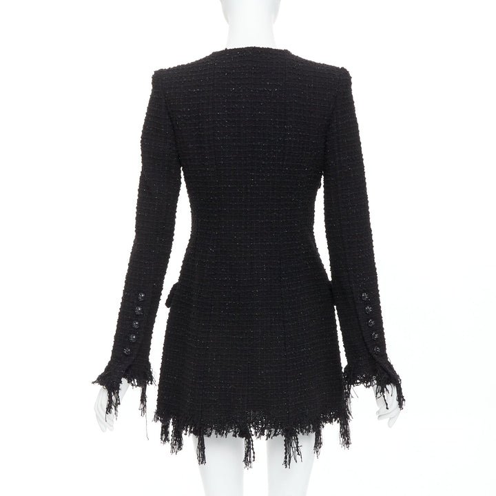 CHANEL 22C Runway black tweed fringe trim 4 pocket long jacket FR36 S