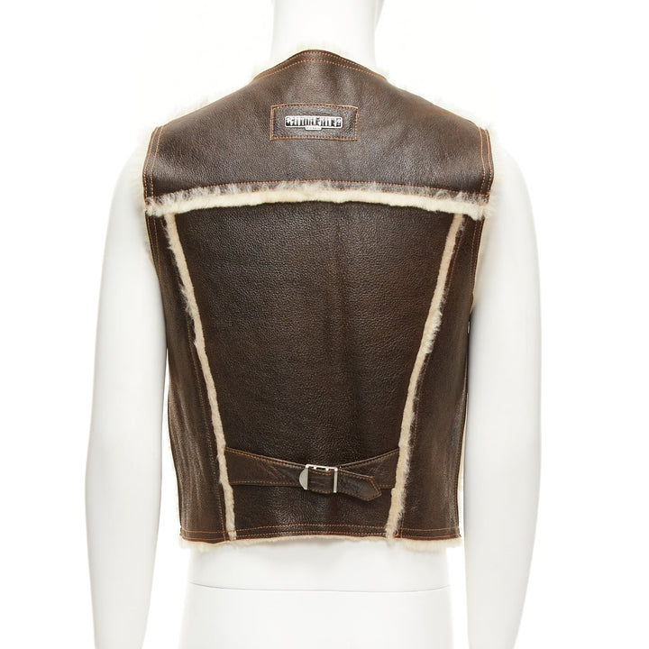 JEAN PAUL GAULTIER JEANS Vintage brown shearling lined logo zip vest FR42 XXS