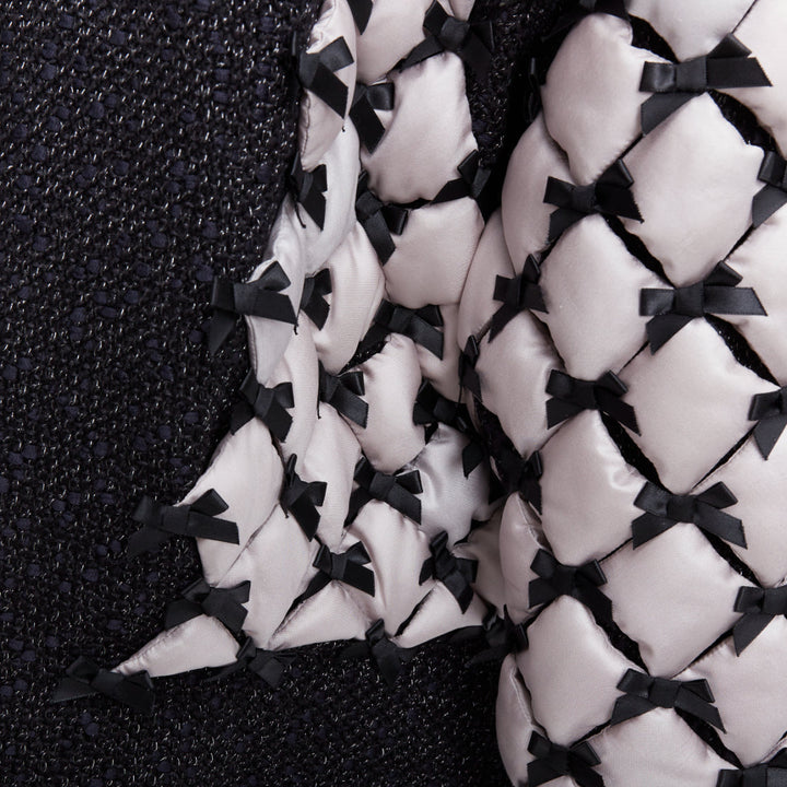 rare CHANEL 15A Runway black tweed white quilted tromp loeil ribbon  jacket FR50
