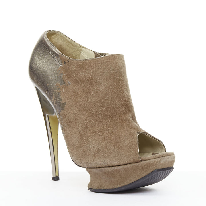 NICHOLAS KIRKWOOD brown gunmetal gradient peep platform booties EU37