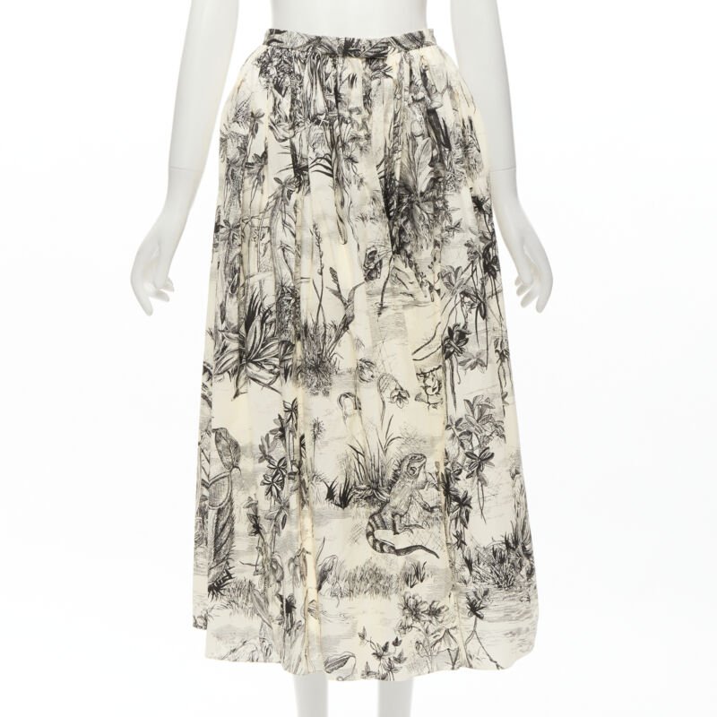 CHRISTIAN DIOR Fantaisie beige illustration print cotton midi skirt FR34 XS
