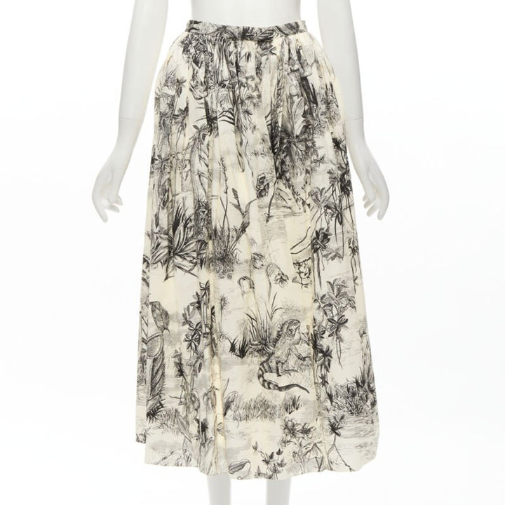 CHRISTIAN DIOR Fantaisie beige illustration print cotton midi skirt FR34 XS