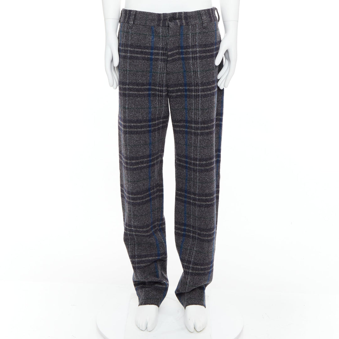 YOHJI YAMAMOTO grey blue 100% wool checkered wide tapered pants JP3 L