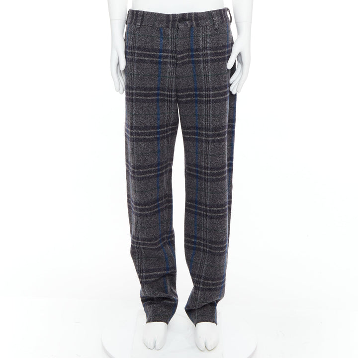 YOHJI YAMAMOTO grey blue 100% wool checkered wide tapered pants JP3 L