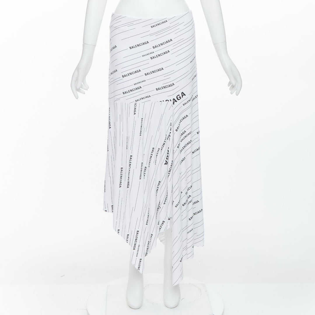 BALENCIAGA Demna 2018 white black logo print asymmetric midi skirt FR38 M