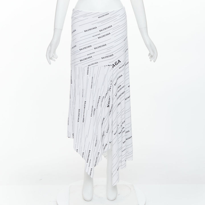 BALENCIAGA Demna 2018 white black logo print asymmetric midi skirt FR38 M