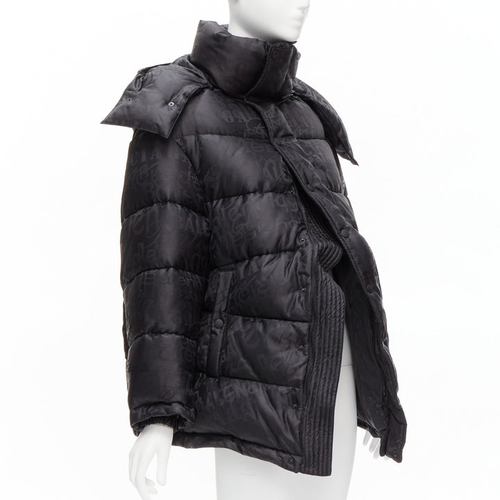 BALENCIAGA 2019 black logo jacquard Swing hooded quilted puffer coat FR36 S