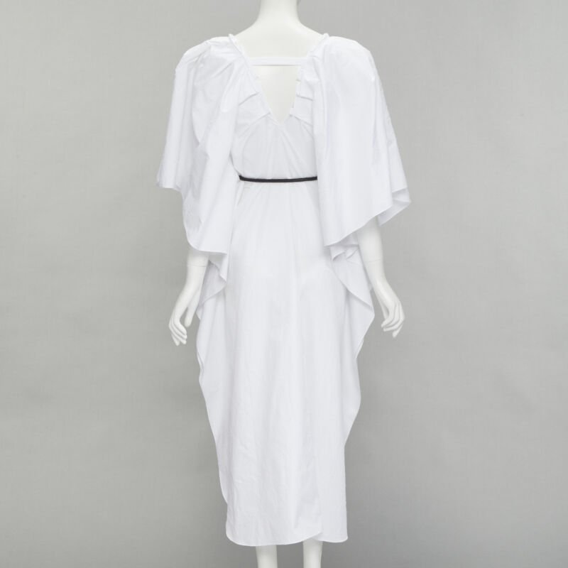 ROLAND MOURET 2021 Lange white needlepoint poplin leather cord belt dress XS