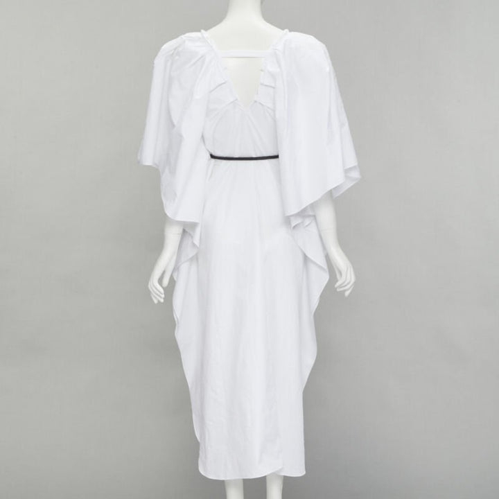 ROLAND MOURET 2021 Lange white needlepoint poplin leather cord belt dress XS