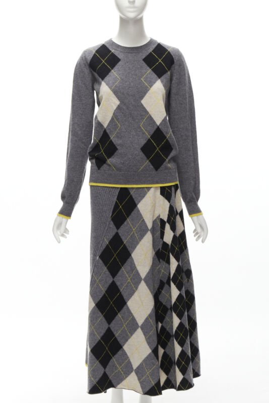 PRINGLE OF SCOTLAND wool grey argyle yellow sweater asymmetric midi skirt XS