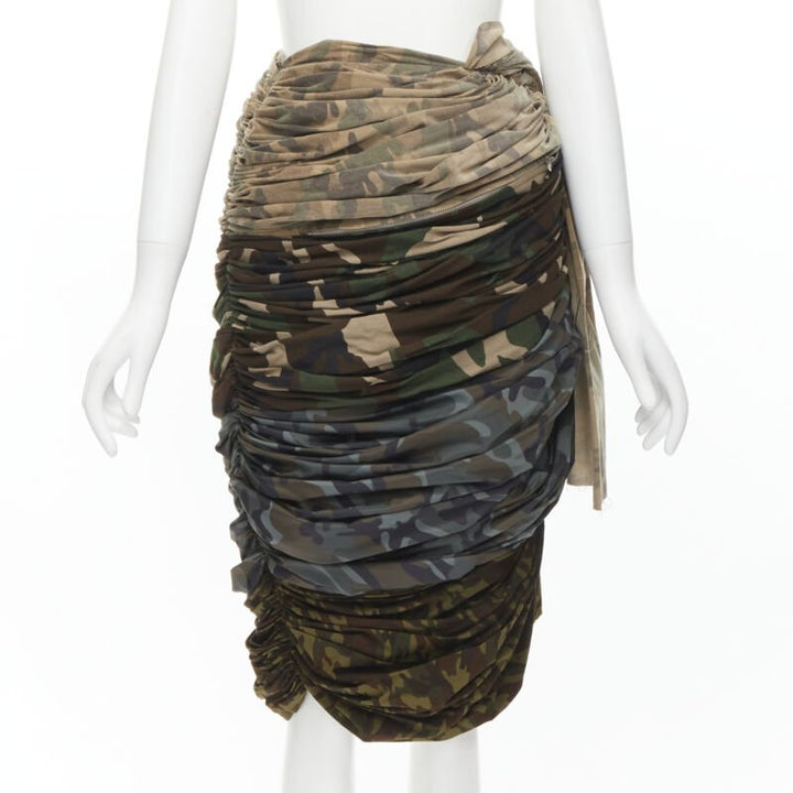 COMME DES GARCONS 2005 Runway mixed cotton nylon blue green camo ruched skirt XS