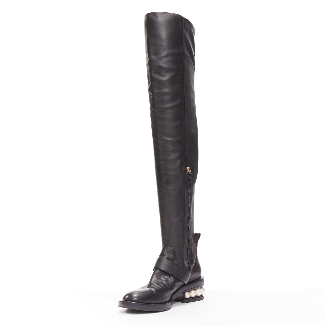 NICOLAS KIRKWOOD black XL pearl embellished heel knee high flat boots EU37.5