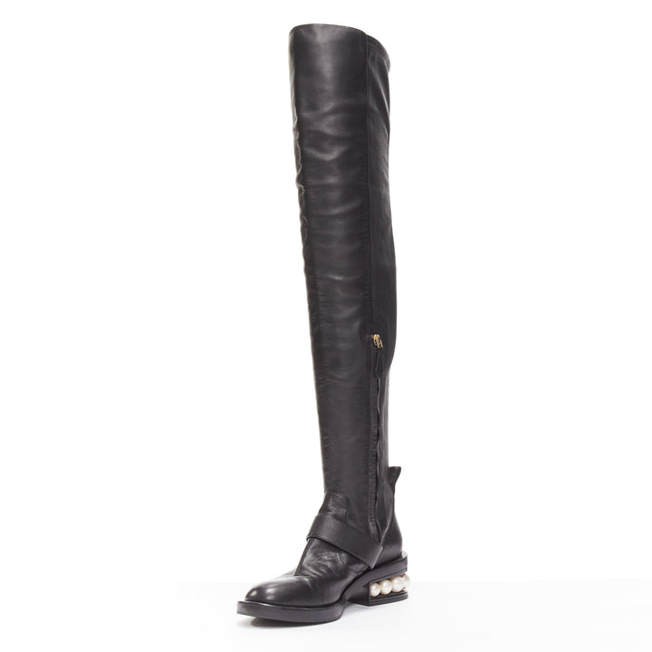 NICOLAS KIRKWOOD black XL pearl embellished heel knee high flat boots EU37.5