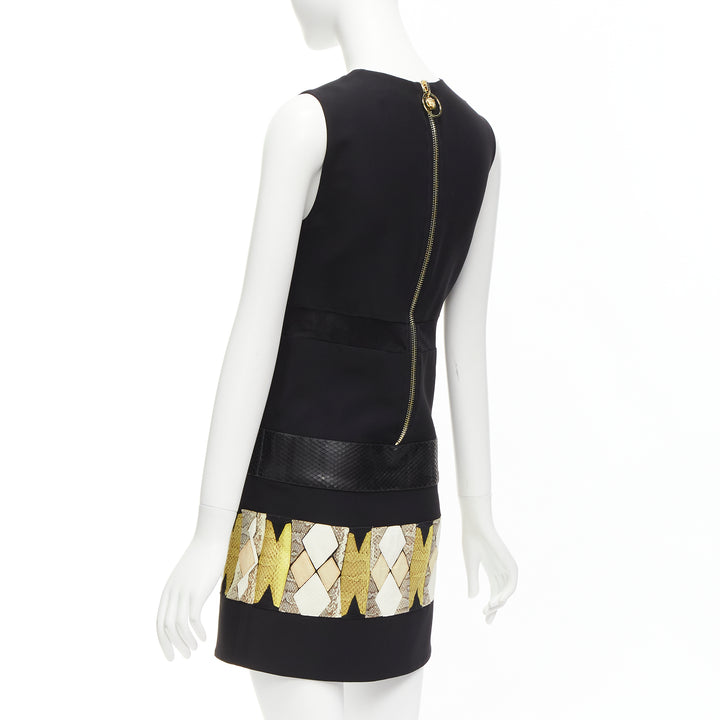 VERSACE 2014 black scaled leather patchwork sheer panel mod mini shift dress