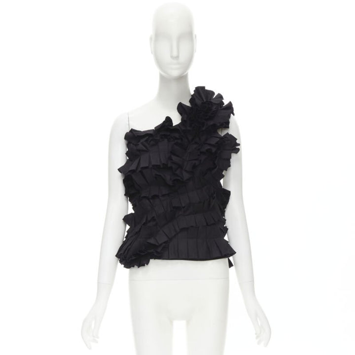 BOTTEGA VENETA black pleated ruffle one shoulder corset bustier top IT38 XS