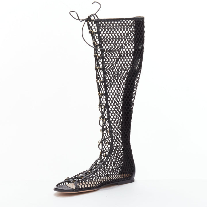 GIANVITO ROSSI Helena black crochet mesh gold rings lace up  sandals EU38