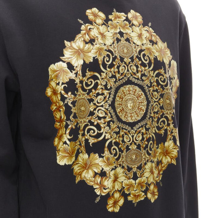 VERSACE black gold Barocco Hibiscus Medusa cotton crew sweater S