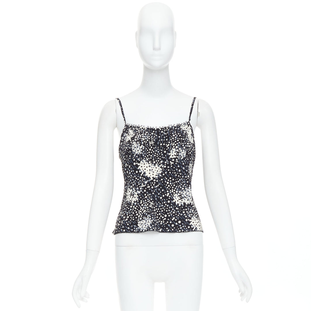 CHANEL 02A 100% silk CC logo polka dot pearl trim camisole FR40 S