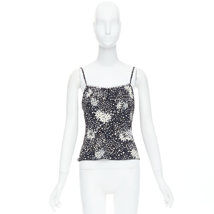 CHANEL 02A 100% silk CC logo polka dot pearl trim camisole FR40 S
