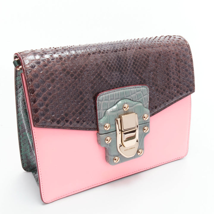 DOLCE GABBANA Lucia pink grey scaled leather flap clasp crossbody bag
