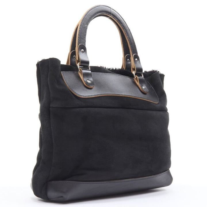 MARNI black shearling lined top handle crossbody soft tote bag