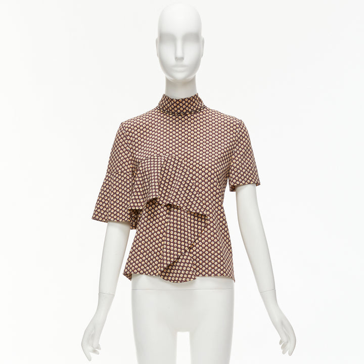 MARNI brown yellow floral asymmetric ruffle drapes hi neck top IT38 XS