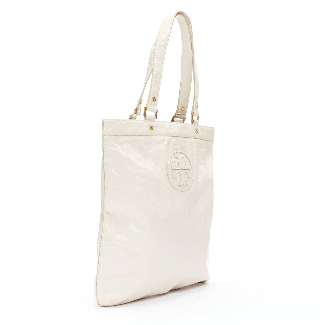 TORY BURCH white textured leather logo patch gold hardware A4 tote bag