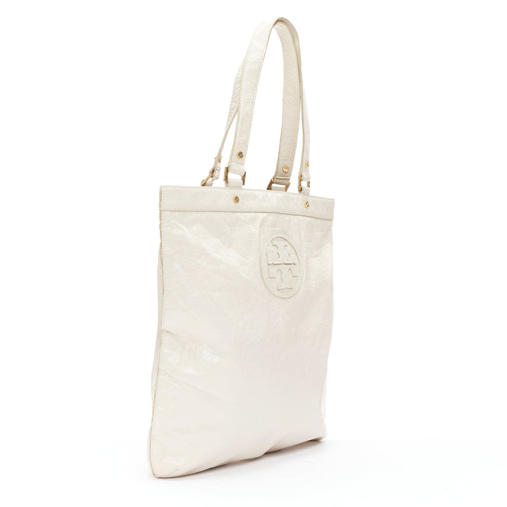 TORY BURCH white textured leather logo patch gold hardware A4 tote bag