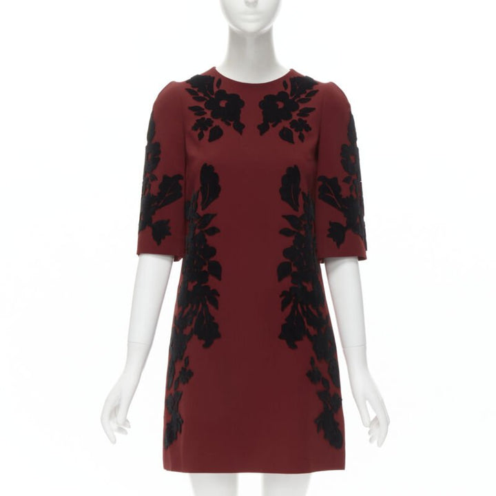 DOLCE GABBANA red crepe black floral velvet devore sheath dress IT36 XS