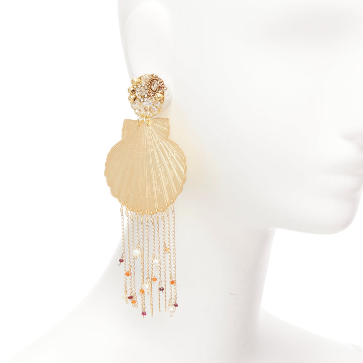 MERCEDES SALAZAR gold metal shell crystal faux pearl tassel clip earrings Pair