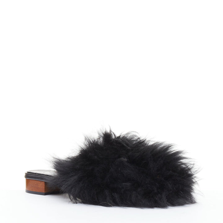 CHANEL black silver CC logo mongolian lamb fur fluffy slippers EU37.5