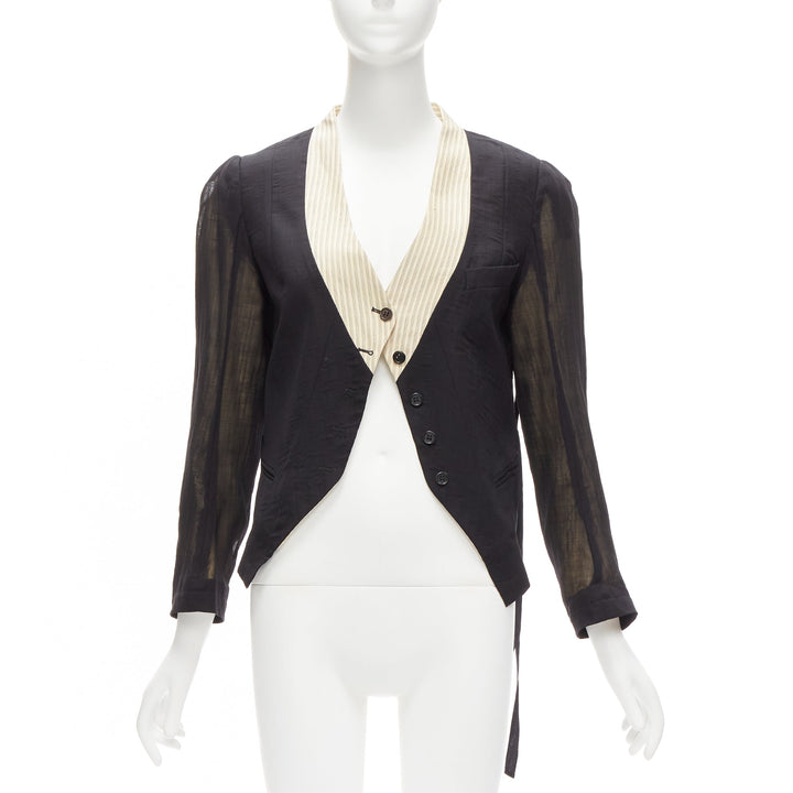 ANN DEMEULEMEESTER black overlay sheer cream topstitched jacket FR36 S